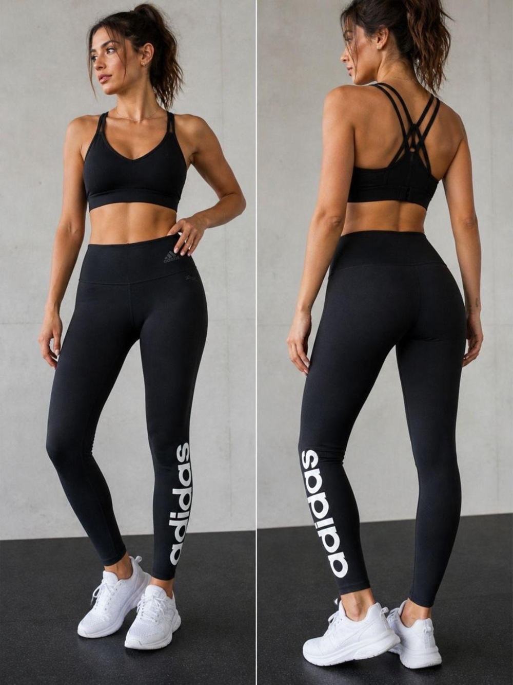 adidas Black High-Waist Logo Leggings with White Branding, Size Large